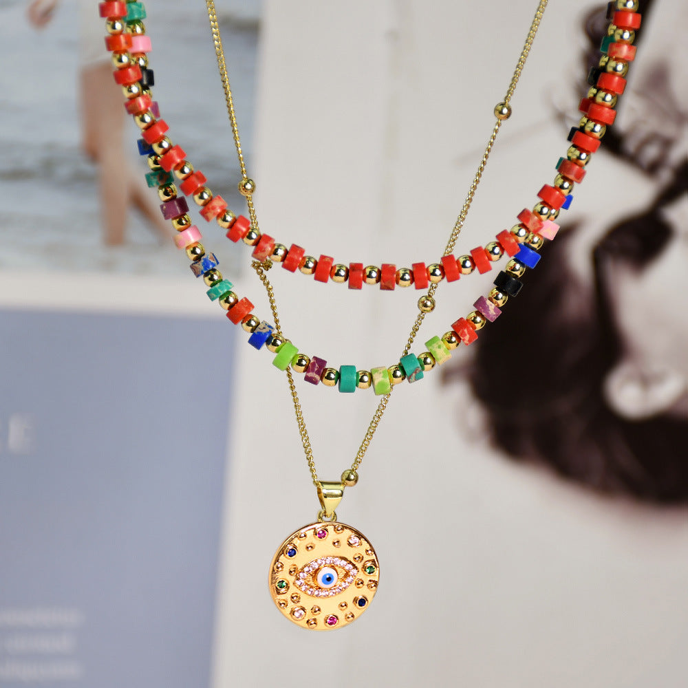 Venta al por mayor Collar con colgante de medalla multicapa con cuentas